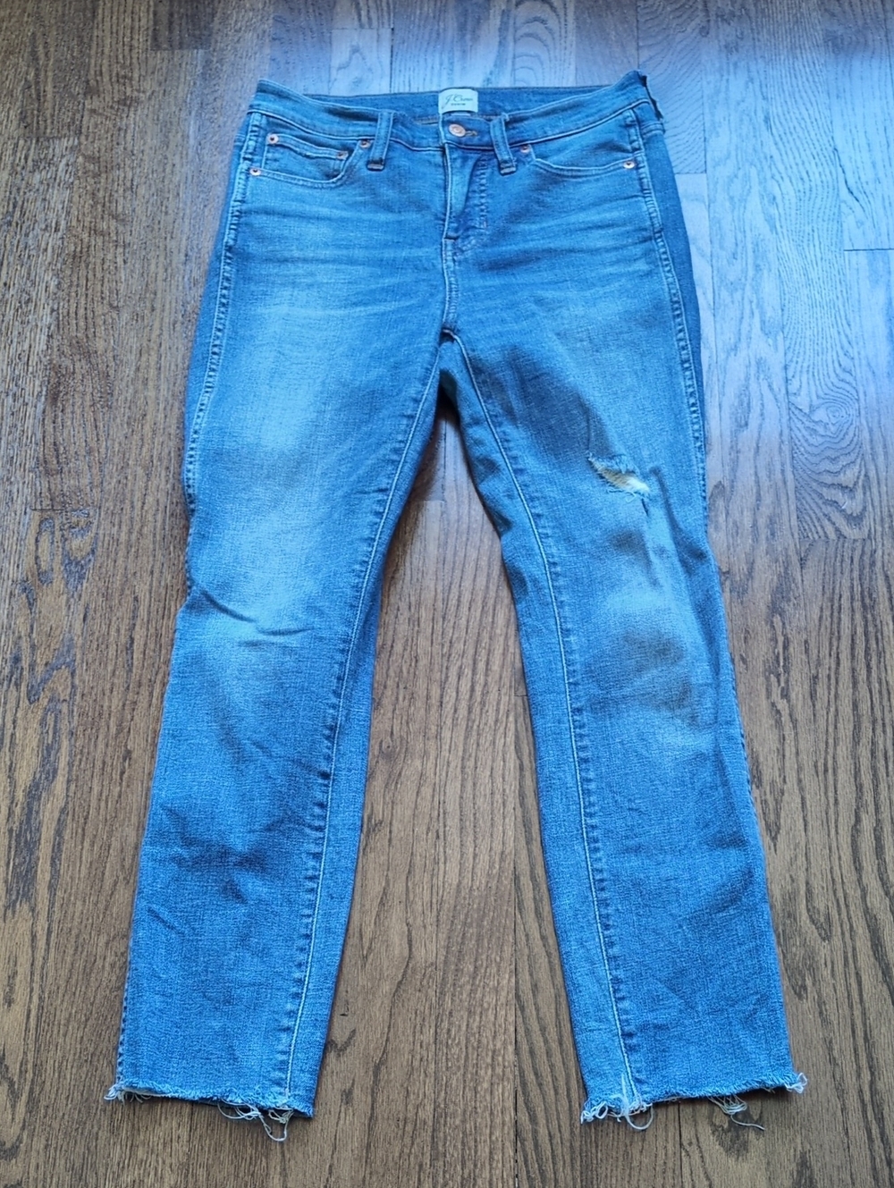 J Crew Factory Vintage Straight Jeans in Medium Blue with Distressed Detail